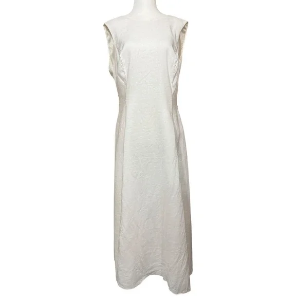 Linen Women's Ivory White Midi Wedding Dress‎ Organza Tie Bow Back Buttons SZ 14